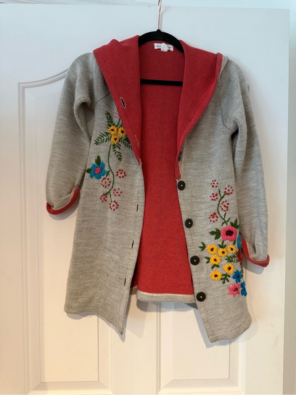 Mimi & Maggie Gray Knit Hooded Jacket with Coral Lining and Floral Embroidery